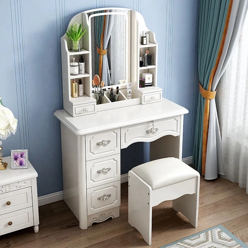 Desk Setup Simple - 女の子用白とピンクのモダンな木製収納付きシンプルで安い化粧台セット、鏡付きバニティデスク