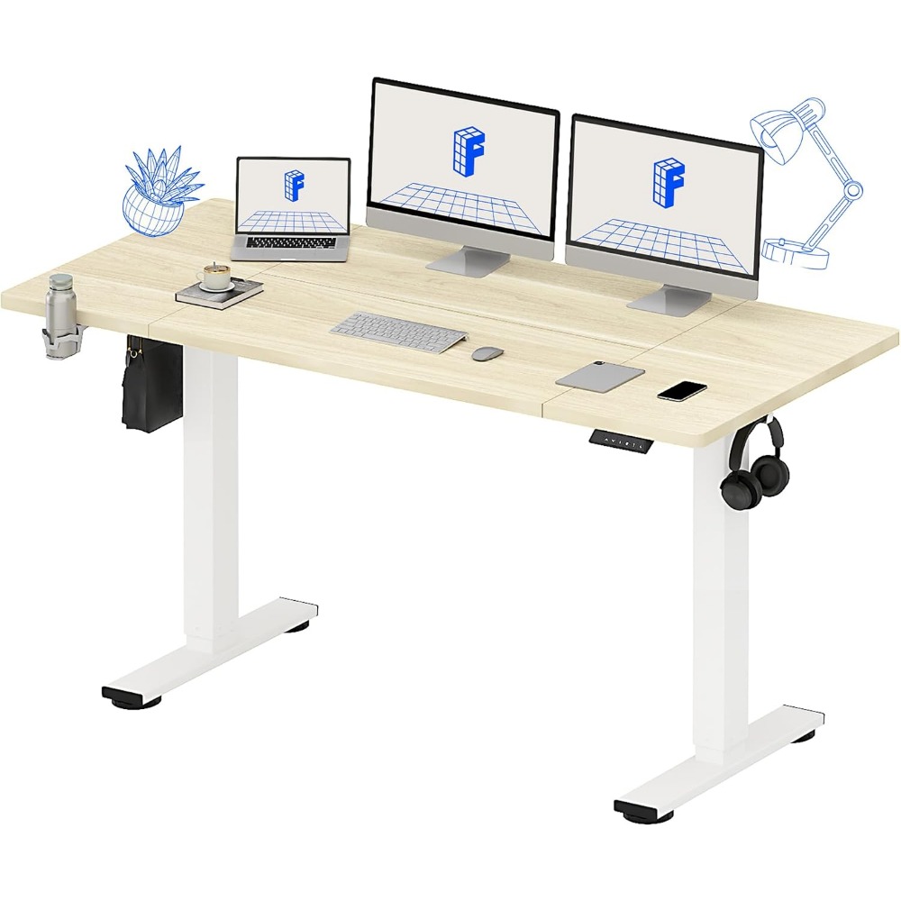 Desk Setup White - FLEXISPOT 63x32 インチ電動スタンディングデスク、ホワイトウッドグレイン | 広々としたワークスペース、ケーブル管理＆オーガナイザー、カップホルダー＆フック、ホームオフィス、マルチモニターセットアップ