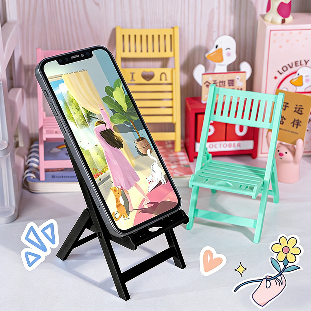 Desk View Setup - ミニ折りたたみ椅子型スマホスタンド、滑り止め付き、斬新なデスクトップブラケット、軽量椅子型携帯ホルダー