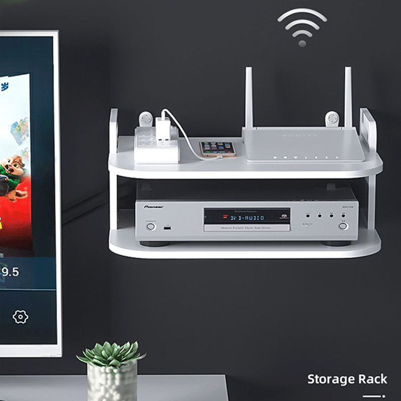 Desk Setup Organizer - 壁掛け式ルーターケーブルオーガナイザーシェルフ、通気性のあるすっきりとした設置、モデム、テレビセットトップボックス、収納ラック、テレビボックス、デスクアクセサリーホルダー