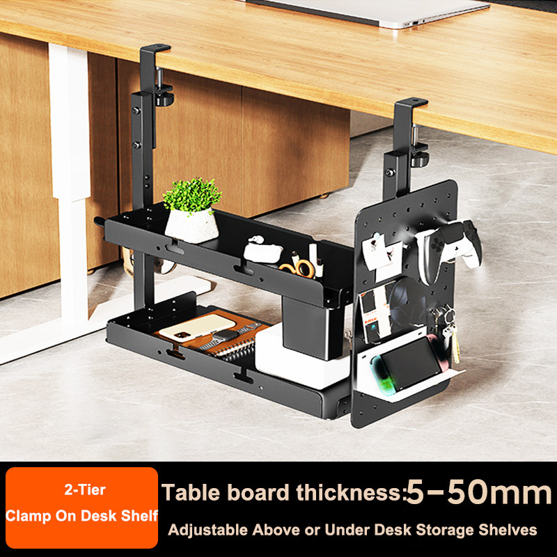 Desk Setup Organizer - クランプ式14インチデスク上・下2段棚ユニット、テーブルアクセサリー、ゲーム機器、その他の収納トレイ、デスクトップオーガナイザー