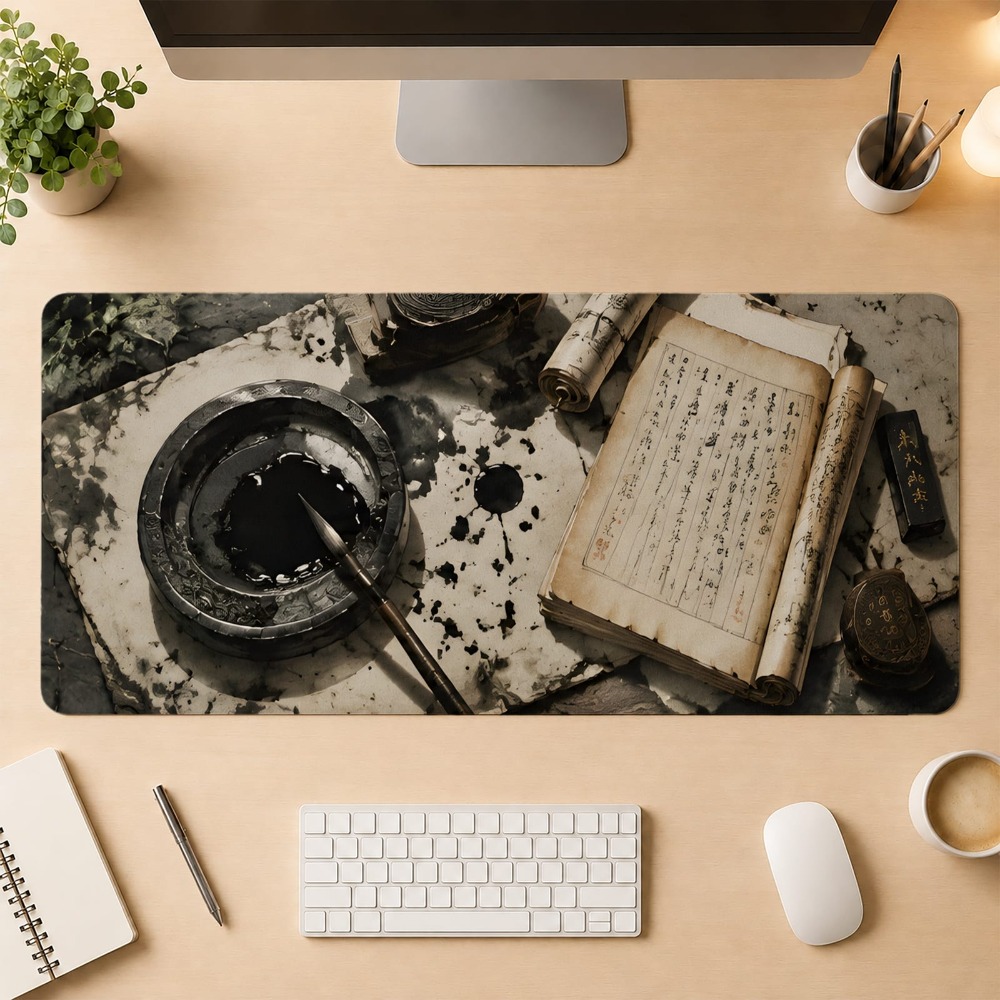 Desk Setup Simple - レトロな中国書道、滑り止めベース、ゲームセットアップアクセサリー、コンピューターデスクアクセサリー、キーボードとマウスのアクセサリー