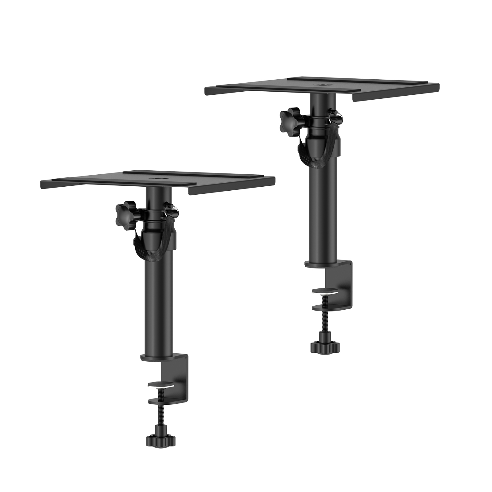 Desk Setup With 2 Monitors - デスクトップクランプ式スピーカースタンド2個セット – 高さ調節可能なスタジオモニタースタンド（9インチから14インチ）、省スペースデスクマウント、頑丈なスチール製、最大50ポンドのスピーカーに対応、傷防止クランプ付き