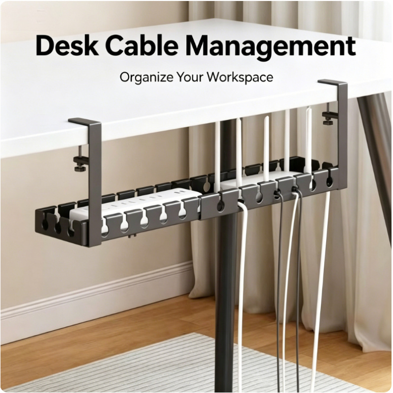 Desk Setup Organizer - テーブル下伸縮式収納ラック金属ケーブル管理トレイ穴あけ不要デスクワイヤーオーガナイザーホームオフィスアクセサリー