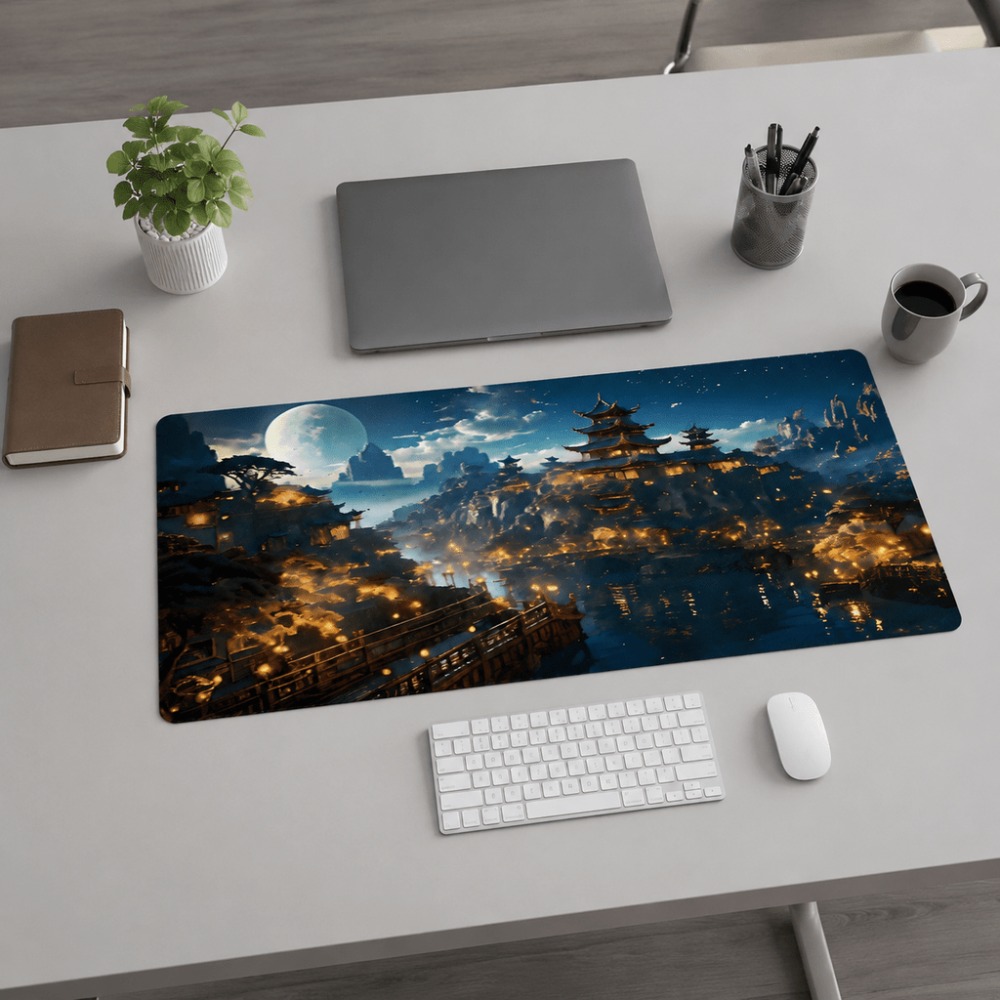 Desk Setup Simple - オリジナルのファンタジーな夜の街の月プリントの細長いテーブルマット。 オフィス、ホームオフィスデスク、仕事やゲームのセットアップに適しています。