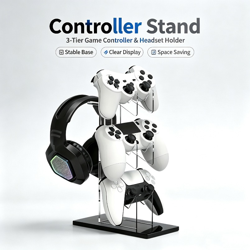 Desk Setup Headphone Stand - コントローラースタンド 3段ヘッドフォンハンガー ゲーム収納ラック 省スペースデスクオーガナイザー PS5 PS4コンソールゲームセットアップ用