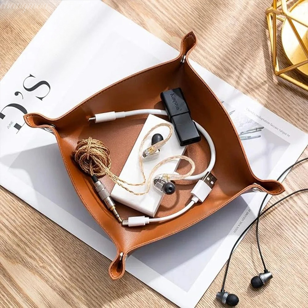 Desk Setup Organizer - 1PC 25X25CM レザートレイ折りたたみテーブル収納ボックスジュエリーキーコインデスクトップオーガナイザー玄関ナイトスタンド家の装飾