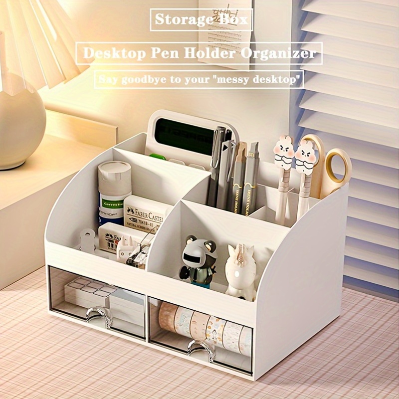 Desk Setup Organizer - 6コンパートメントデスクオーガナイザー、引き出し2個付き、プラスチック製化粧品収納、デスクトップオーガナイザーセット、鉛筆ホルダー、収納に最適