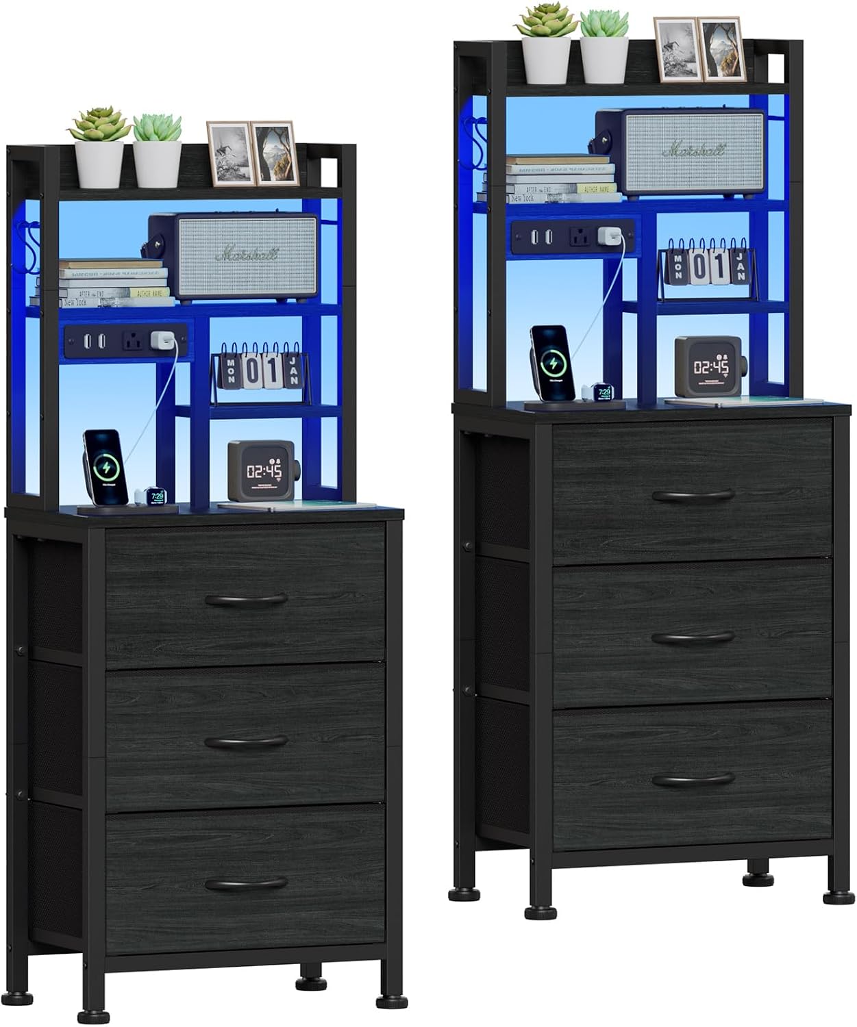 Desk Setup Oak - ナイトスタンド 2 個セット、背の高いナイトスタンド、寝室/寮/オフィス用ベッドサイドテーブル、ブラックオーク、カスタマイズ可能