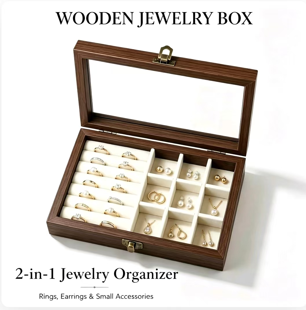 Cable Box Organizer - 寝室用デスクトップウォールナット柄ベルベットジュエリーオーガナイザー、韓国製ハードジュエリー収納ボックス（ネックレス、イヤリング、指輪用）