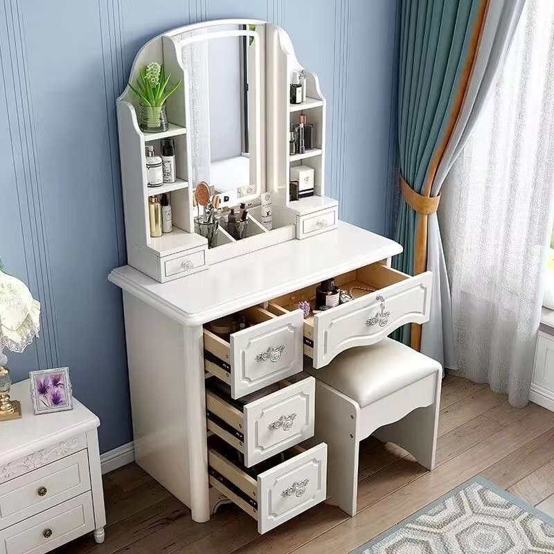 Desk Setup Simple - 女の子向け白とピンクのモダンな木製収納付きシンプルで安い化粧台セット、鏡付きバニティデスク、販売促進中