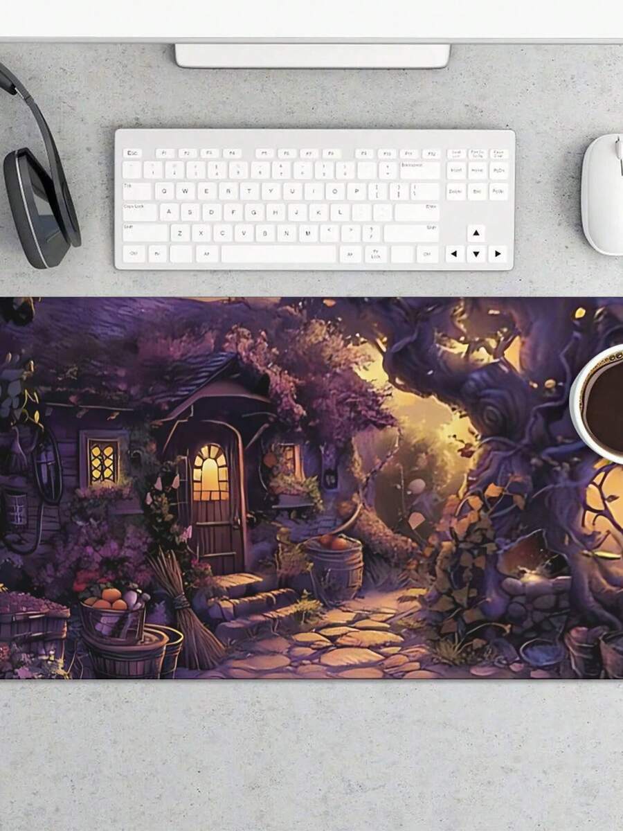 Desk Setup Gaming And Work - ファンタジーコテージデザインの大型ゲーミングマウスパッド、滑り止めゴムベースのデスクマット、オフィス、家庭、仕事用