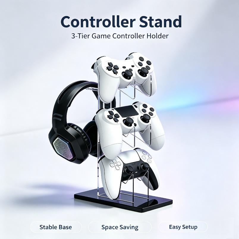 Desk Setup Headphone Stand - ゲーム収納ラック 3段コントローラースタンド ヘッドフォンハンガー 頑丈なディスプレイ棚 省スペース PS5