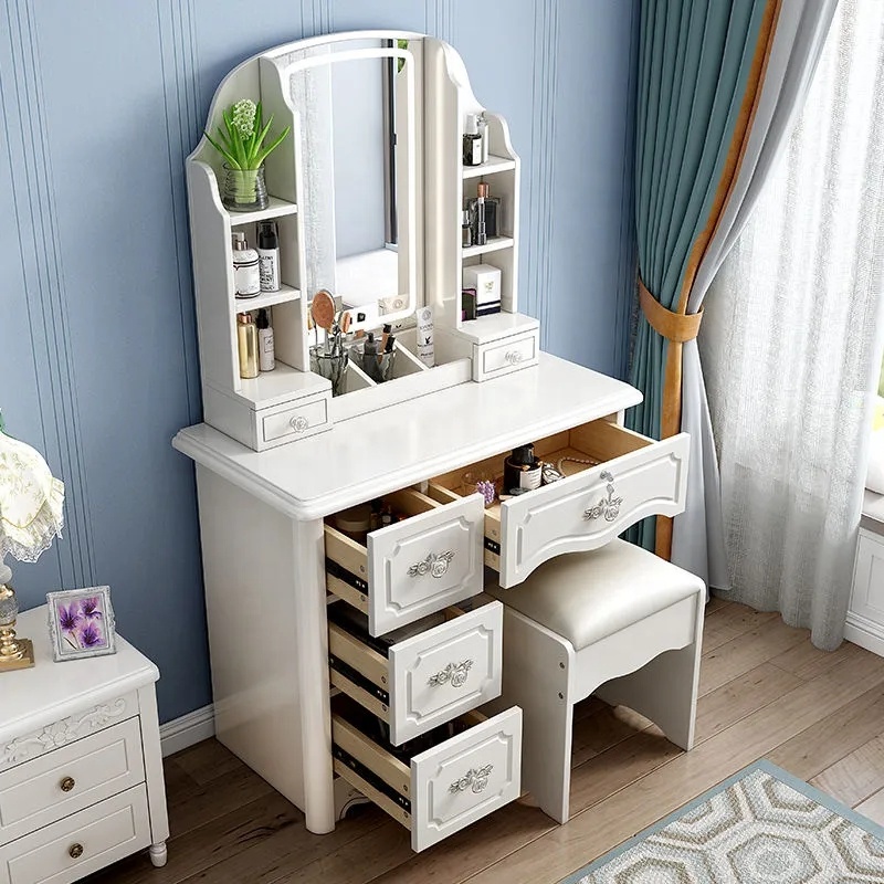 女の子用白とピンクのモダンな木製収納付きシンプルで安い化粧台 - Desk Setup Simple のレビューと価格