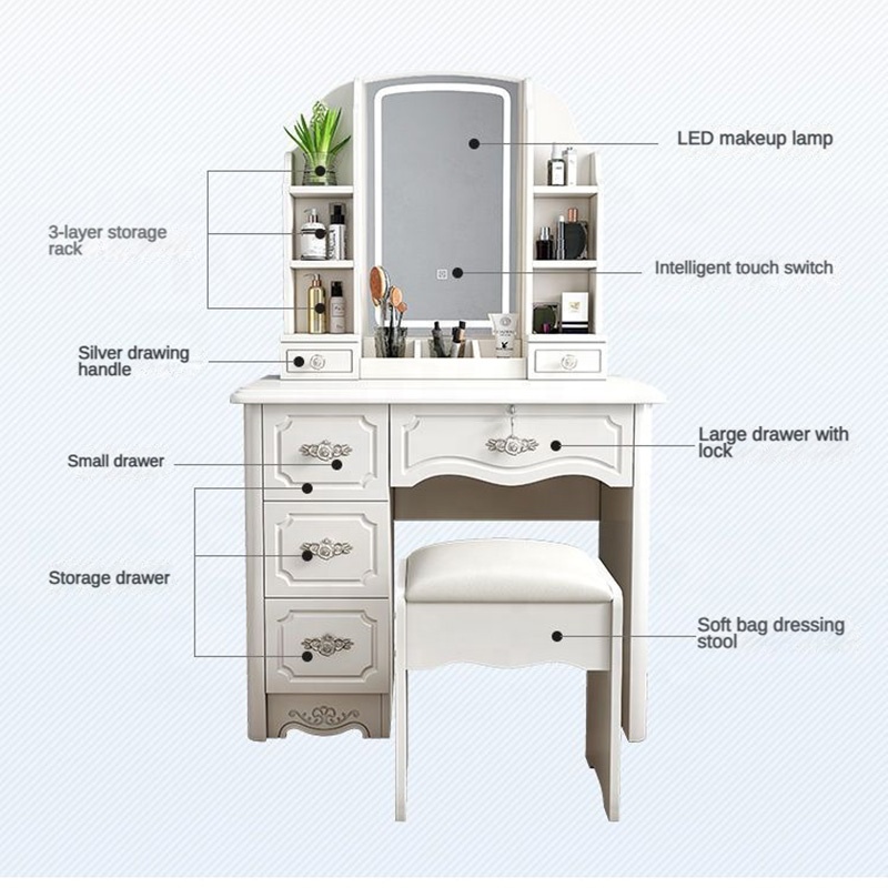 女の子用白とピンクのモダンな木製収納付きシンプルで安い化粧台 - Desk Setup Simple のレビューと価格