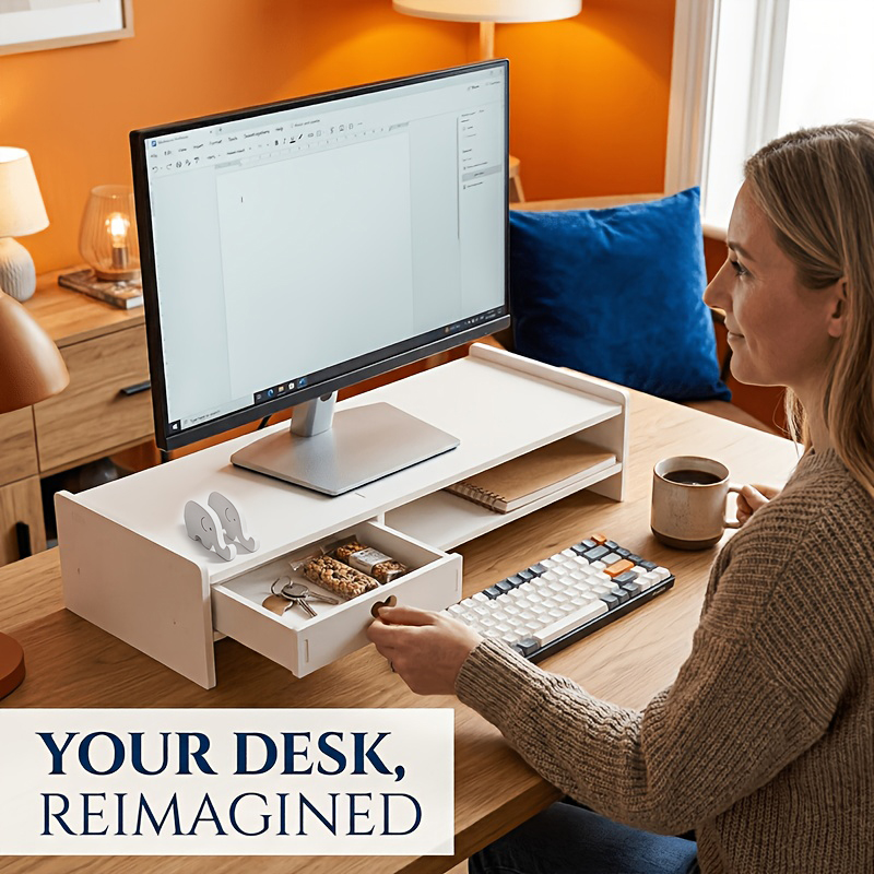 ミニマリストな白いPVC製モニタースタンドライザー、収納引き - Desk Setup White のレビューと価格
