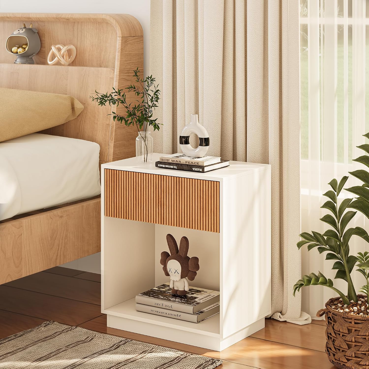 溝付きナイトスタンド2個セット モダンなベッドサイドテーブル - Desk Setup Oak のレビューと価格