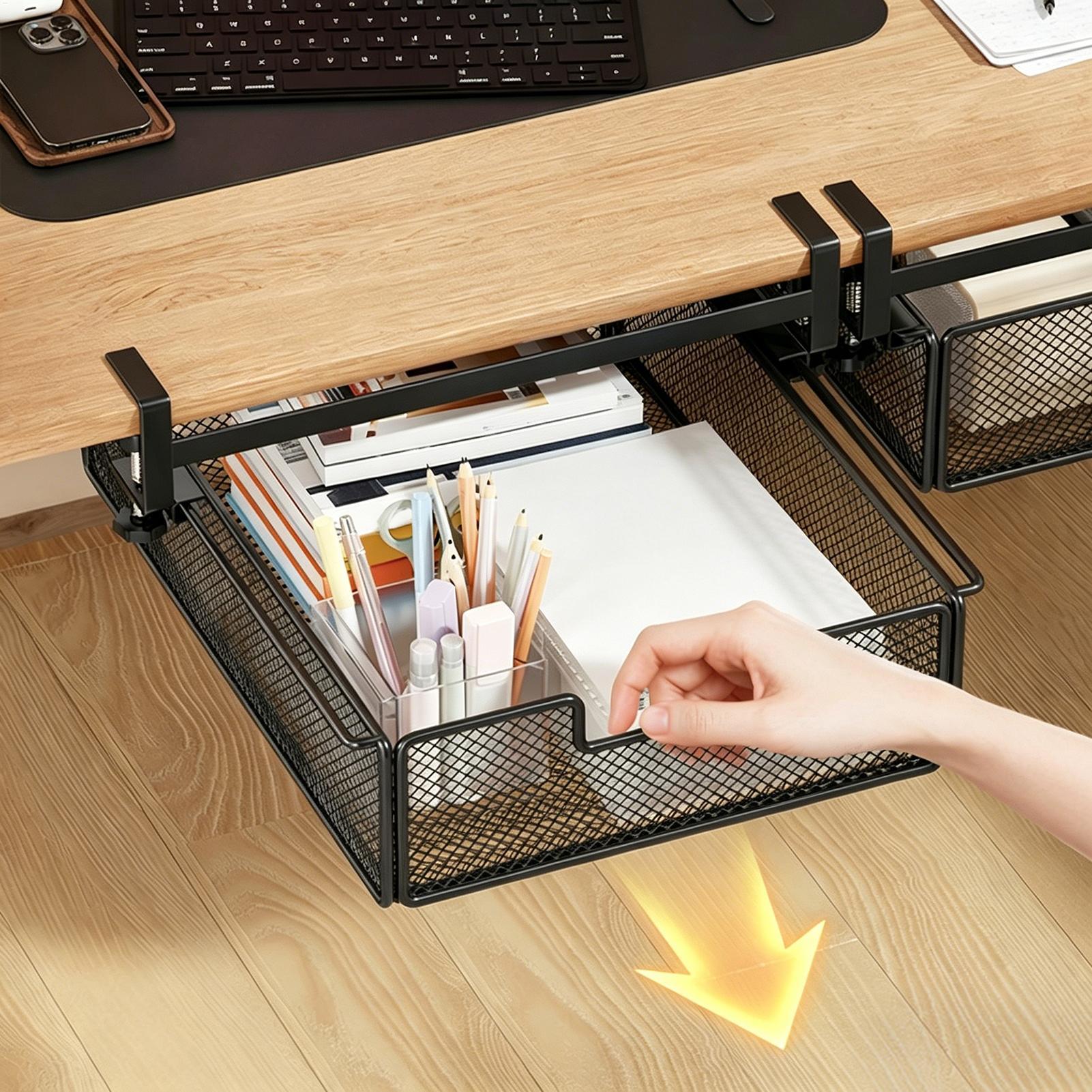 デスク下収納スライドアウト式ドロワー、穴あけ不要、粘着式収納 - Desk Setup Organizer のレビューと価格