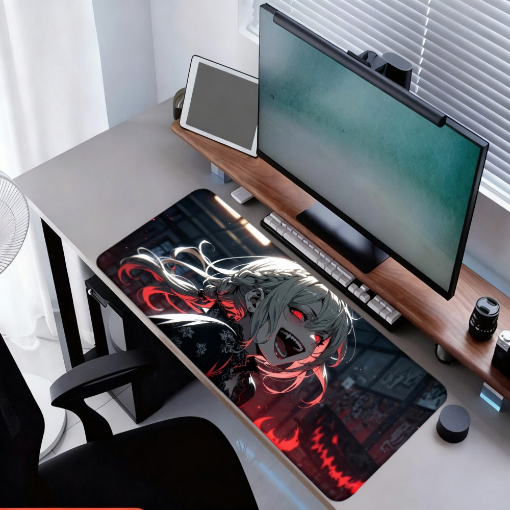 赤い炎と暗い背景を持つアニメの女の子のデザイン、デスクオーガ - Desk Setup Simple のレビューと価格