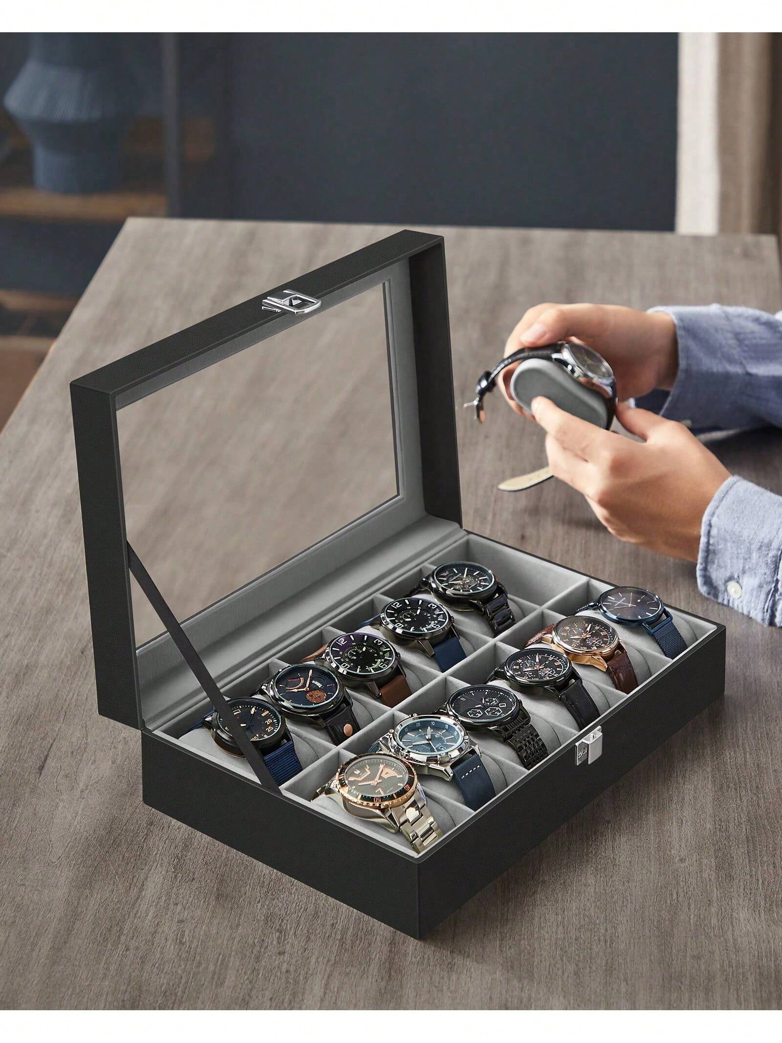 12スロットのロック可能な時計ボックス、ガラス蓋と引き出し付 - Cable Box Organizer のレビューと価格