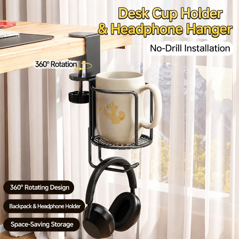 2in1デスクカップホルダーヘッドホンスタンド360度回転ド - Desk Setup Headphone Stand のレビューと価格