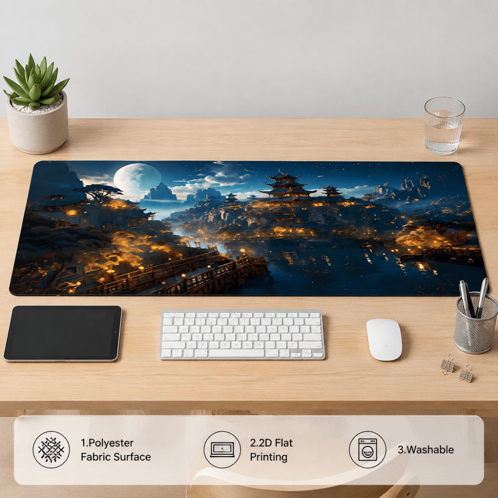 オリジナルのファンタジーな夜の街の月プリントの細長いテーブル - Desk Setup Simple のレビューと価格