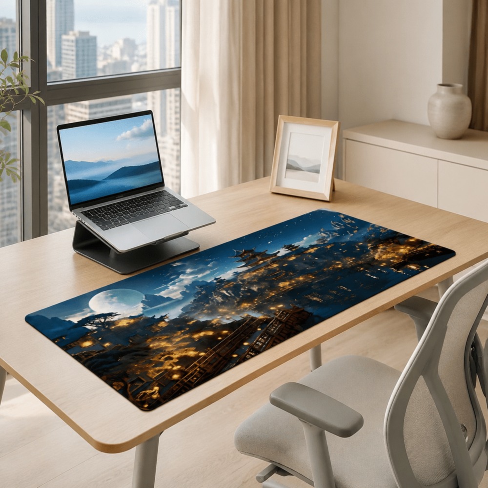 オリジナルのファンタジーな夜の街の月プリントの細長いテーブル - Desk Setup Simple のレビューと価格
