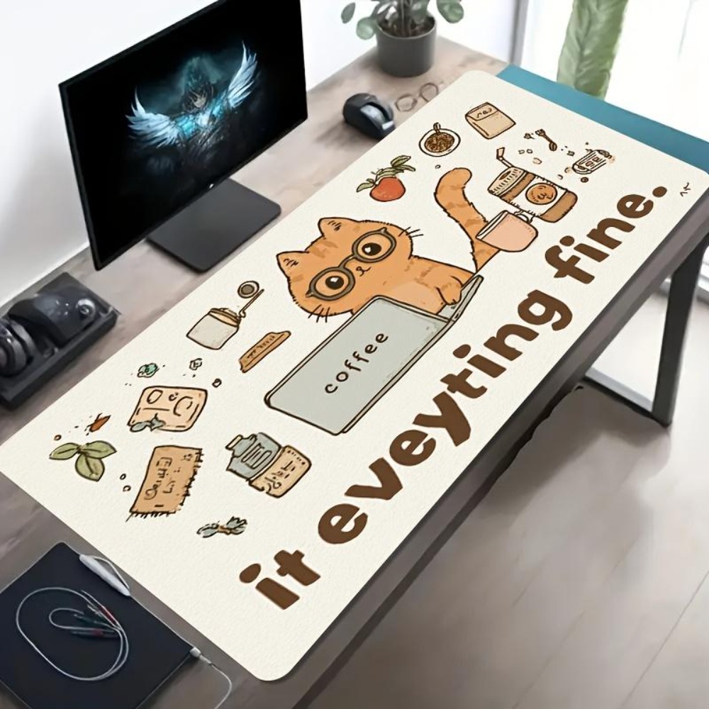手描きの模様、メガネをかけたオレンジ色の猫、オフィスデスクア - Desk Setup Simple のレビューと価格