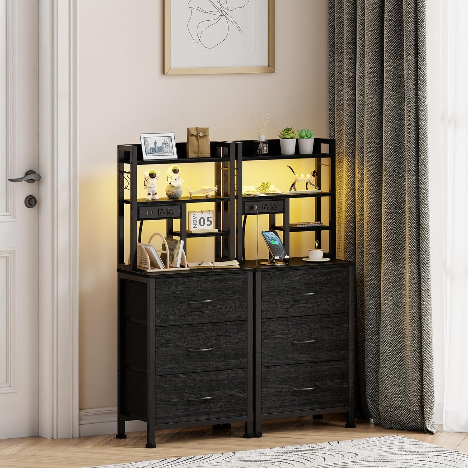 ナイトスタンド 2 個セット、背の高いナイトスタンド、寝室/ - Desk Setup Oak のレビューと価格