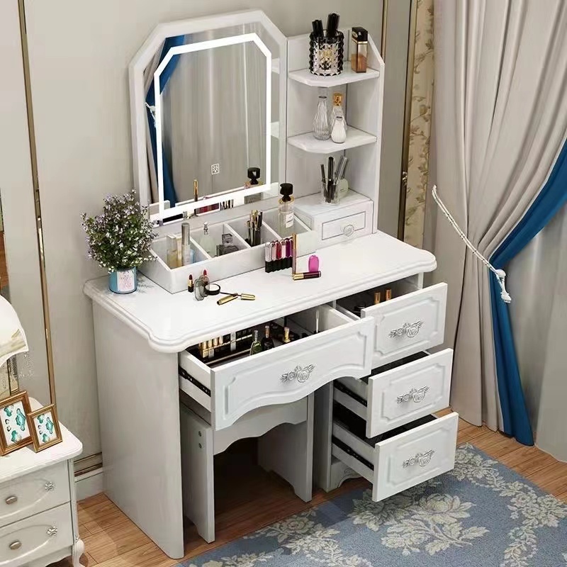 女の子向け白とピンクのモダンな木製収納付きシンプルで安い化粧 - Desk Setup Simple のレビューと価格