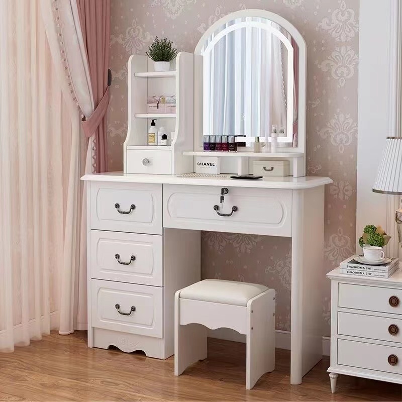 女の子向け白とピンクのモダンな木製収納付きシンプルで安い化粧 - Desk Setup Simple のレビューと価格