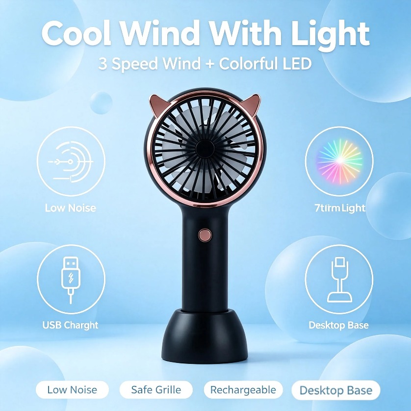 猫耳型ミニ扇風機 LEDライト付き 3段階風量調節 USB充 - Led Desk Light Usb のレビューと価格
