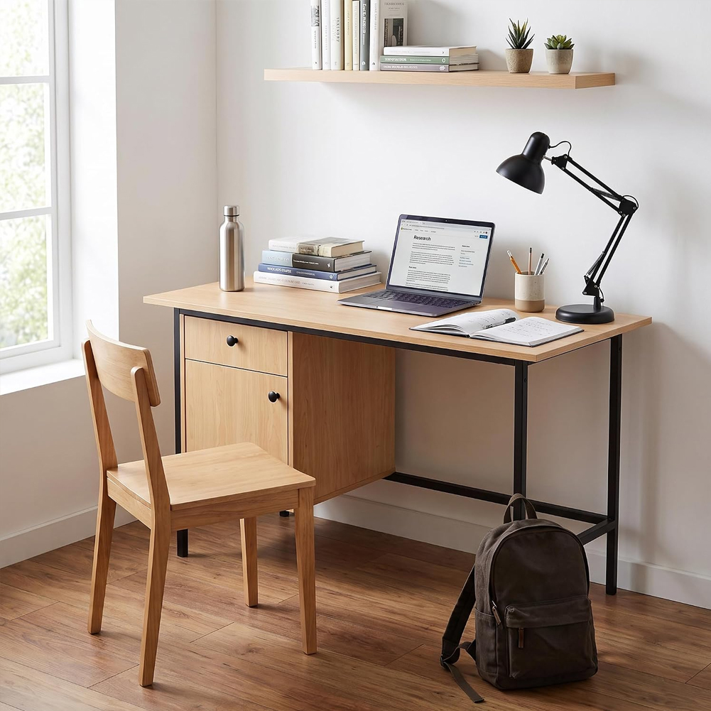 引き出しとドア収納付きホームオフィスコンピューターデスク、寝 - Desk Setup Oak のレビューと価格